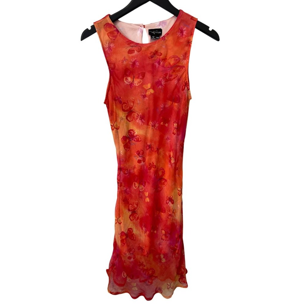 Y2K Silk My Michelle Butterfly Print Dress Womens 11/12 Orange Pink Boho Chic